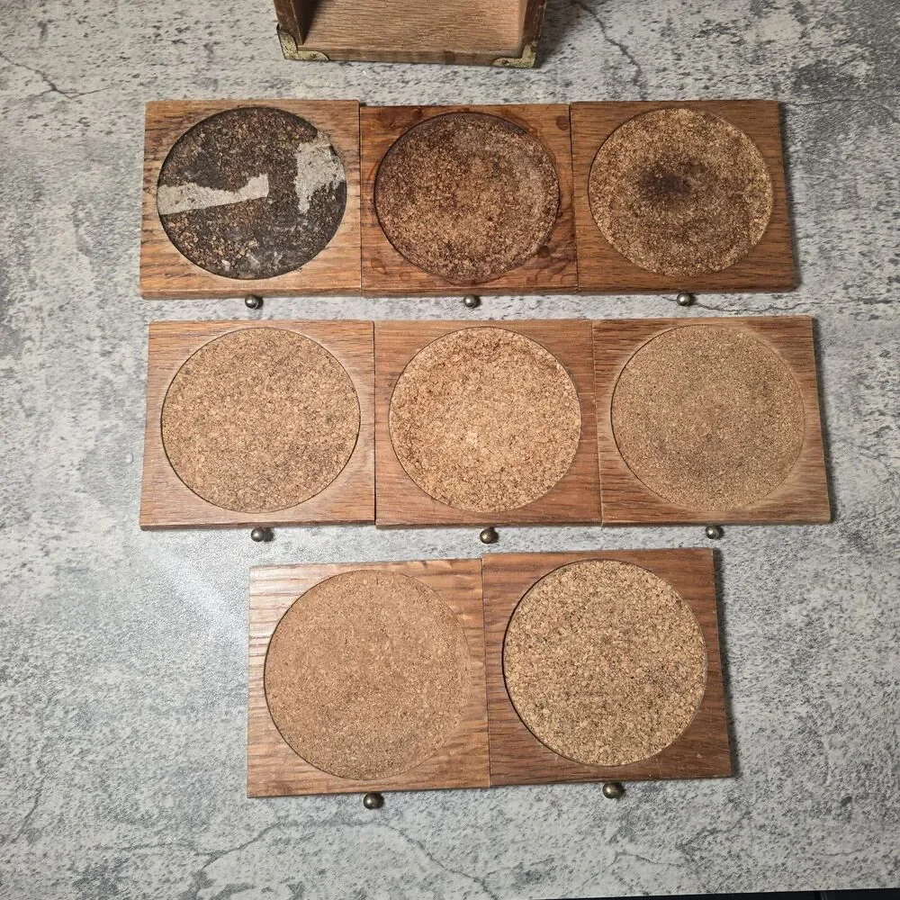 Vintage Catalina Wood Cork Coaster Set - 8 Drawer Coasters In Chest